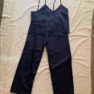 Cheibear Navy Satin Camisole and Pants Set